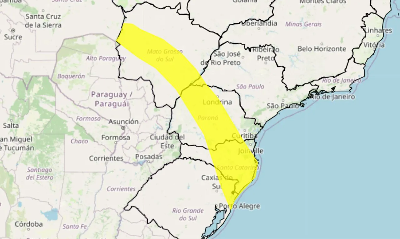 O mapa mostra as áreas em alerta para tempestade e ventania